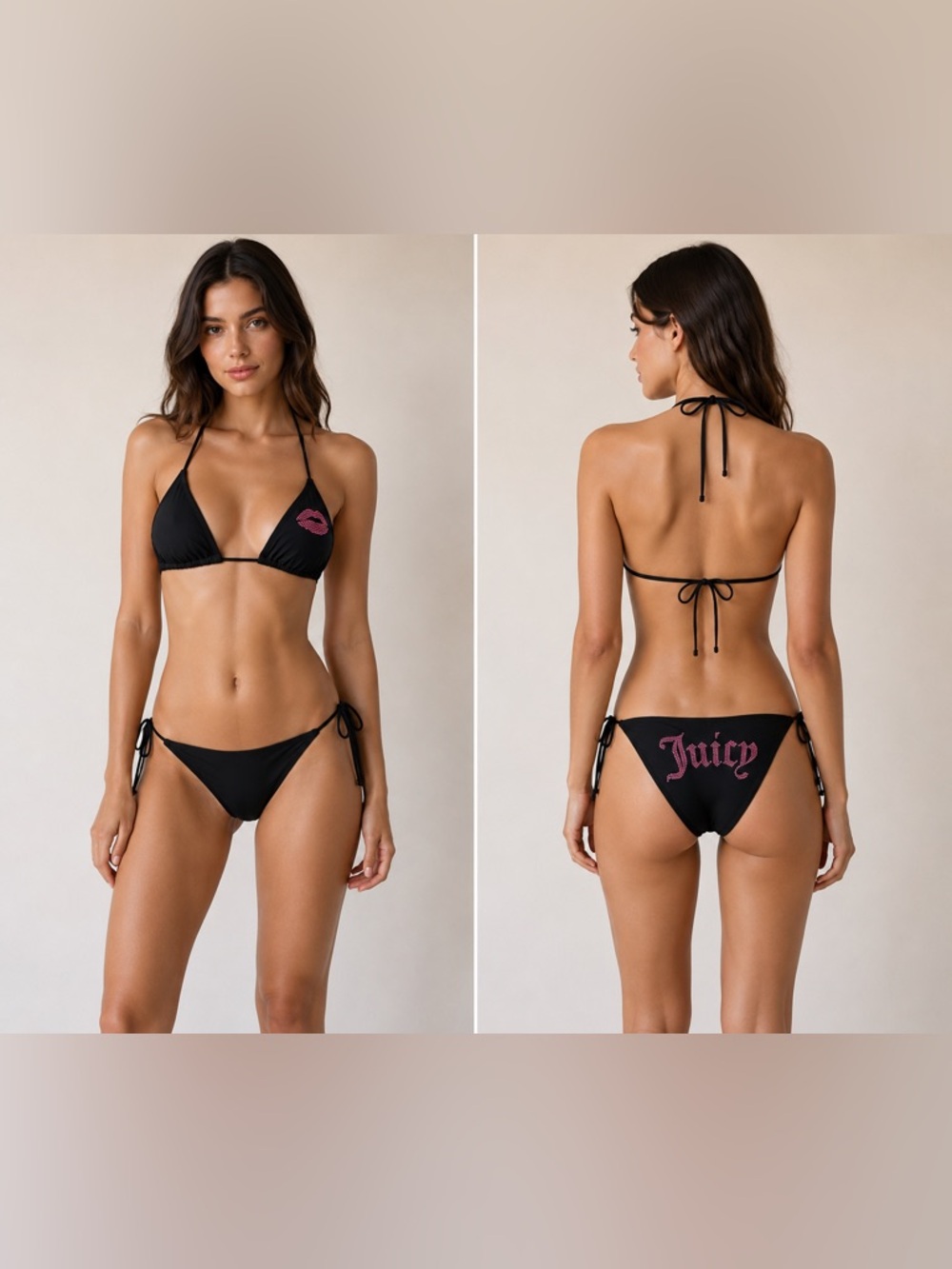 Black Triangle Bikini Set with Pink Lip Accent - Women Swim